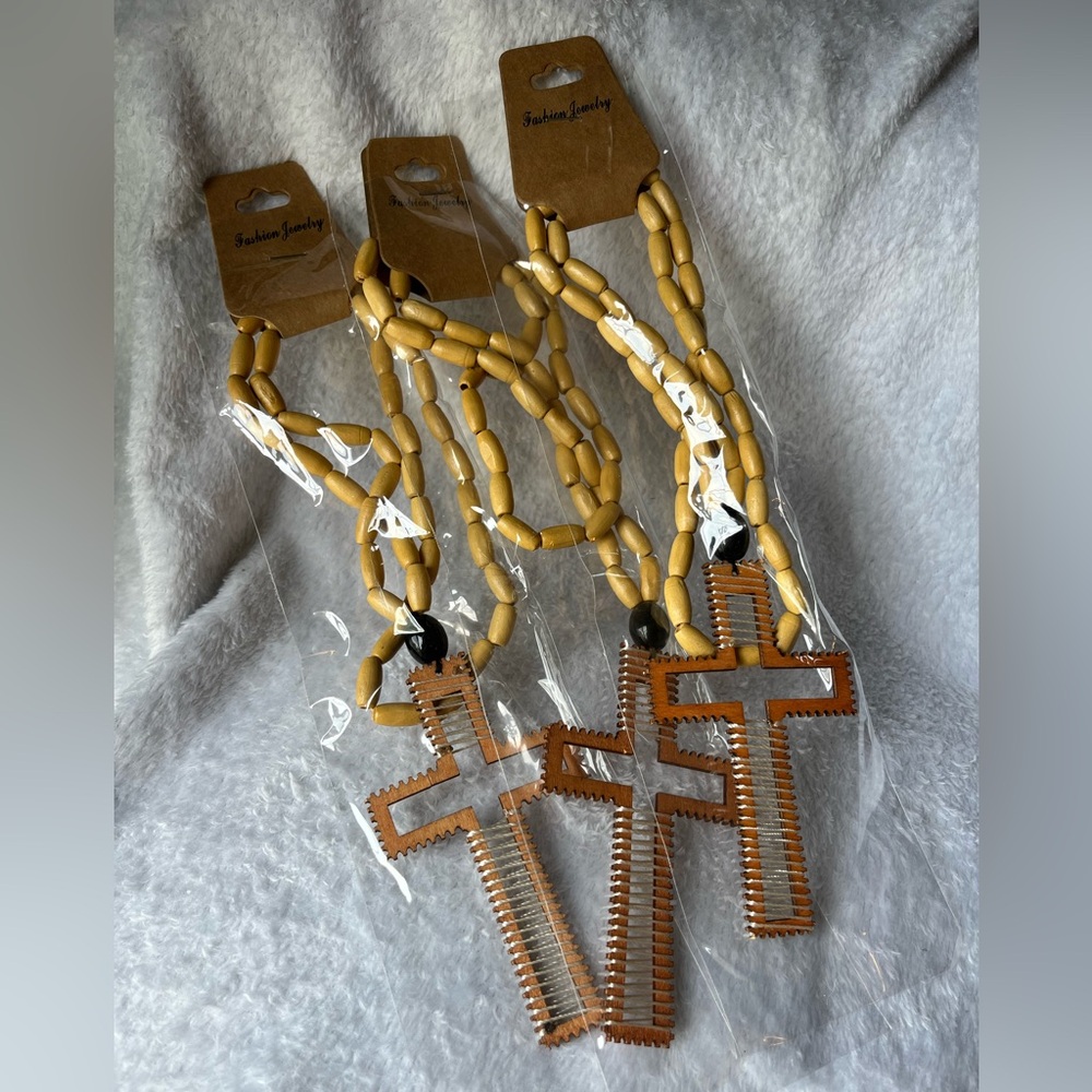11 Wooden Beaded Cross Necklaces